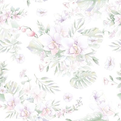 Tapete Weiße Orchideen und Monsterblätter