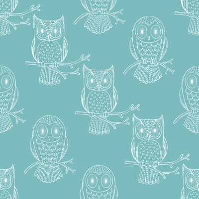 Tapete Weiße Umrisse von Eulen auf blauem Hintergrund