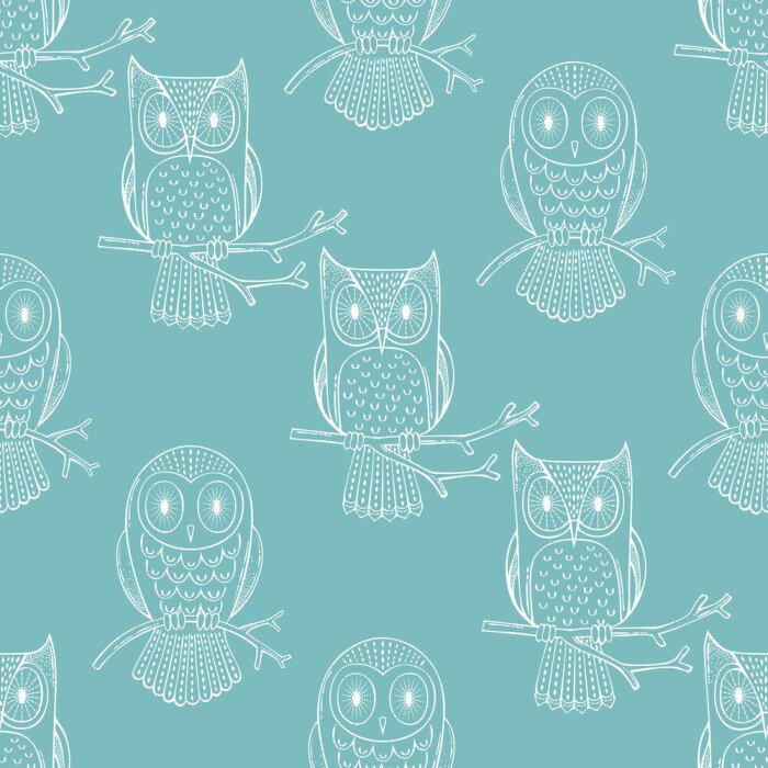 Tapete Weiße Umrisse von Eulen auf blauem Hintergrund