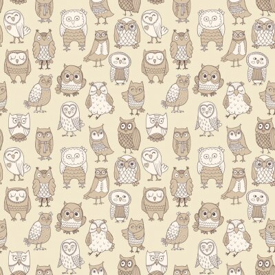 Tapete Weiße und beige Eulen in verschiedenen Formen