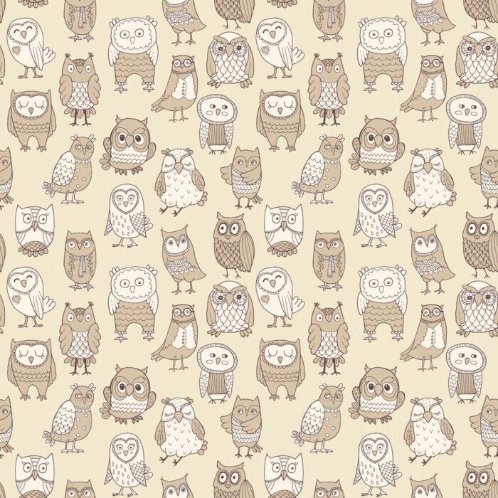 Tapete Weiße und beige Eulen in verschiedenen Formen