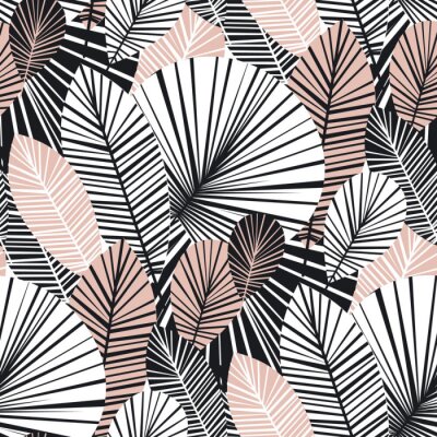 Tapete Weiße und rosa grafische exotische Blätter