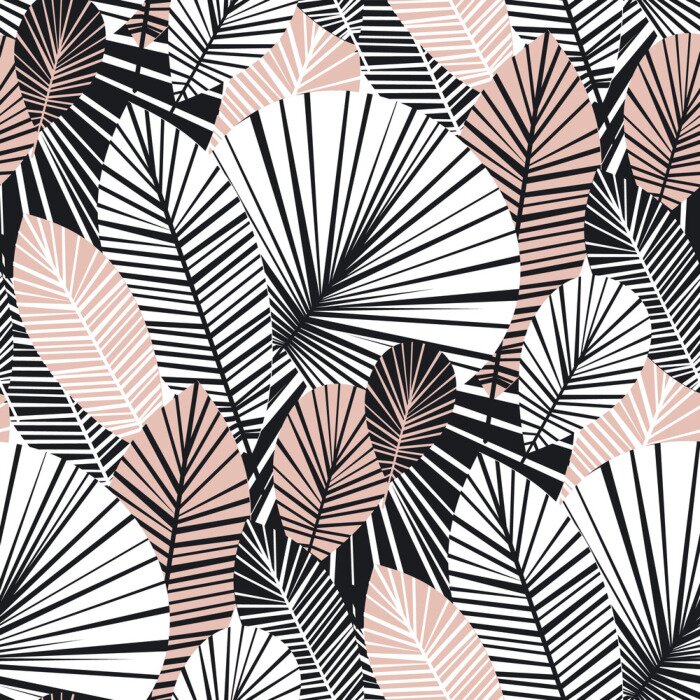 Tapete Weiße und rosa grafische exotische Blätter