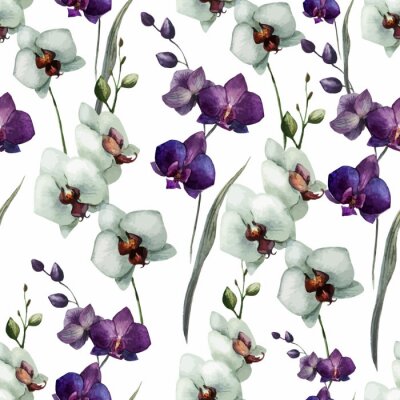Weiße und violette Orchideenblüten im Aquarellstil