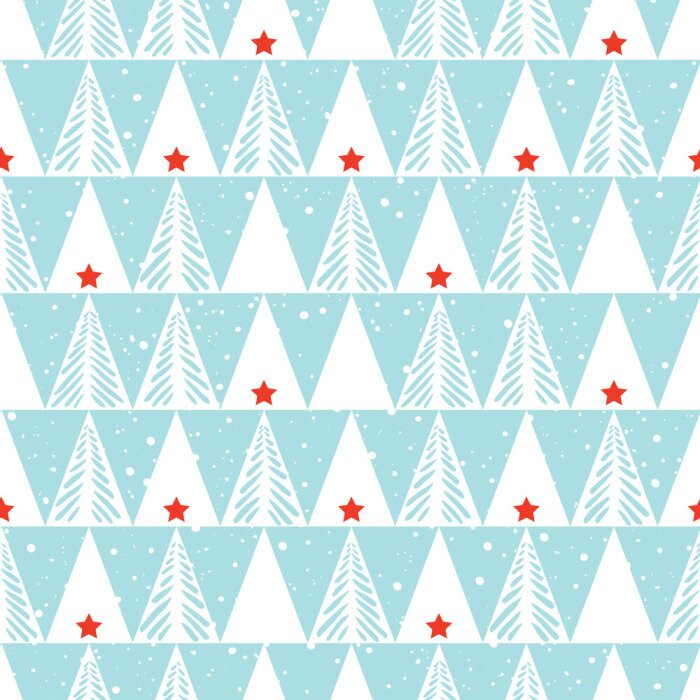 Tapete Weiße Weihnachtsbäume und rote Sterne im skandinavischen Stil