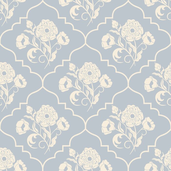 Tapete Weißes und blaues Blumenmuster des Shabby Chic