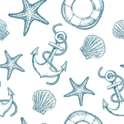 Tapete Weißes und blaues nautisches Muster