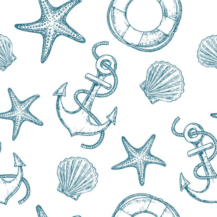 Tapete Weißes und blaues nautisches Muster