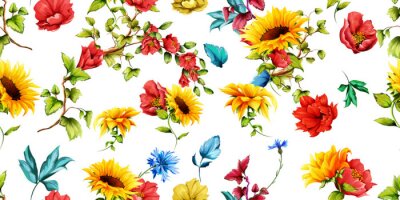 Wide seamless pattern of sunflowers with pomegranate buds and cornflowers on white. Abstract. Hand drawn. Watercolor. Vector - stock. 