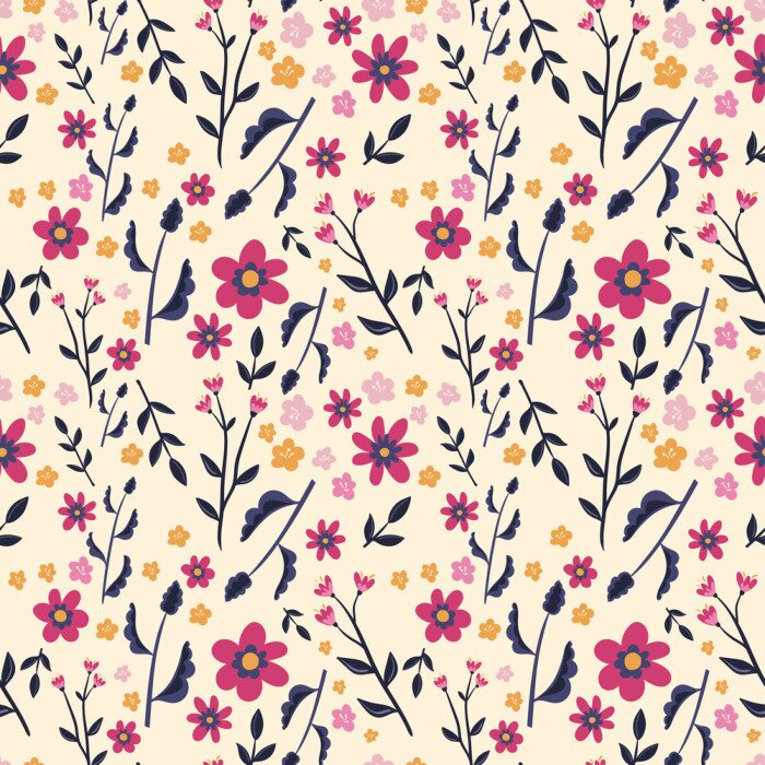 Tapete Wiese mit Blumen in rosa und gelber Farbe