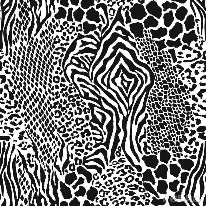 Tapete Wild animal skins patchwork camouflage wallpaper black and white fur abstract vector seamless pattern