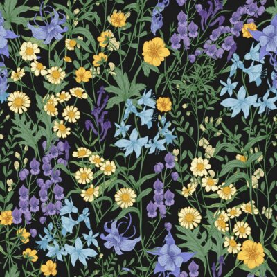 Tapete Wildblumen auf schwarzem Hintergrund