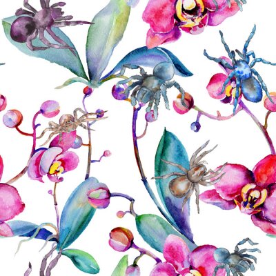 Tapete Wildes Insektmuster der exotischen Tarantel in einer Aquarellart. Vollständiger Name des Insekts: Tarantel, Spinne. Wilder Insekt des Aquarells für Hintergrund, Beschaffenheit, Verpackungsmuster oder 