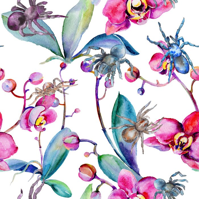 Tapete Wildes Insektmuster der exotischen Tarantel in einer Aquarellart. Vollständiger Name des Insekts: Tarantel, Spinne. Wilder Insekt des Aquarells für Hintergrund, Beschaffenheit, Verpackungsmuster oder 