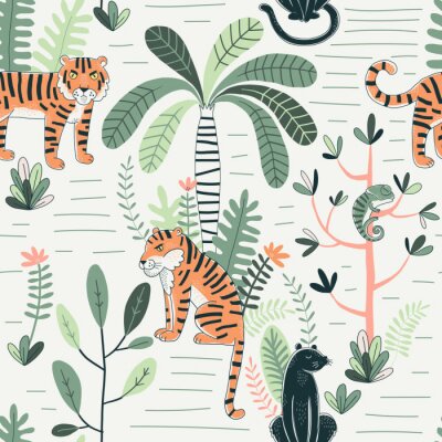 Wildlife color vector seamless pattern. Panther and tiger background. Rainforest, jungle fauna, flora. Tropical plants, palms, flowers. Decorative animal textile, wallpaper, wrapping paper design