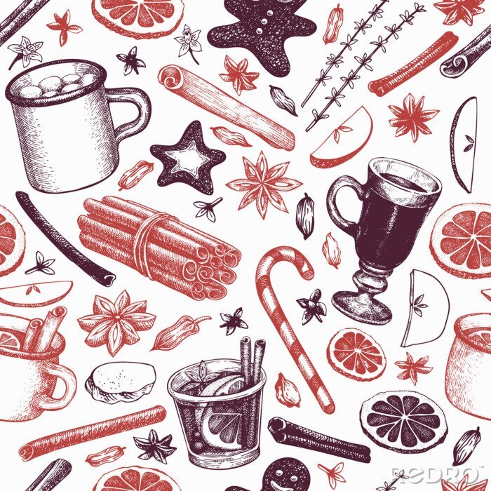 Tapete Winter drinks vector seamless pattern. Hand drawn engraved style mulled wine, hot chocolate, spices illustrations. Vintage christmas background.