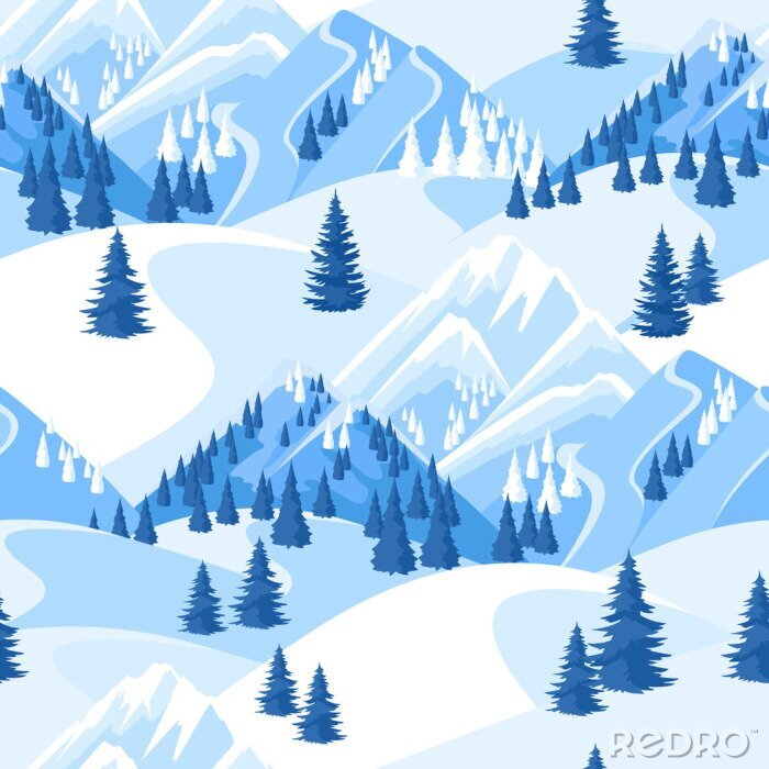 Tapete Winter nahtlose Muster. Schöne Landschaft mit schneebedeckten Bergen und Tannenwald