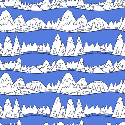 Tapete Winter süße Landschaft. Weihnachtsnahtloses Muster mit Rotwild, Bergen und Kiefern.