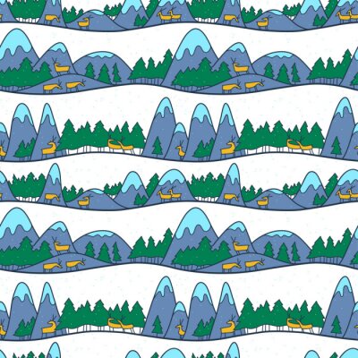Tapete Winter süße Landschaft. Weihnachtsnahtloses Muster mit Rotwild, Bergen und Kiefern.