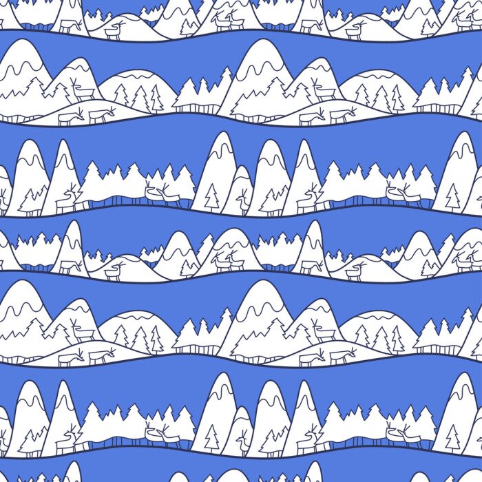 Tapete Winter süße Landschaft. Weihnachtsnahtloses Muster mit Rotwild, Bergen und Kiefern.