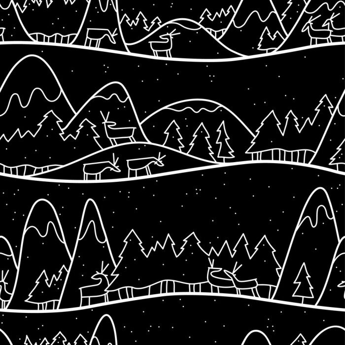 Tapete Winter süße Landschaft. Weihnachtsnahtloses Muster mit Rotwild, Bergen und Kiefern.