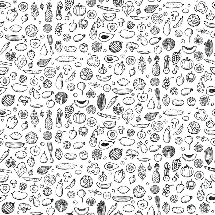 Tapete Winzige Gemüse- und Obstsorten skizziert