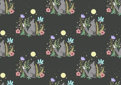 Tapete Wölfe heulen den Mond mit Blumen an