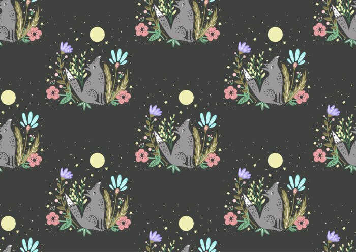 Tapete Wölfe heulen den Mond mit Blumen an