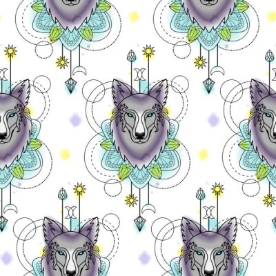 Tapete Wölfe mit geometrischen bunten Ornamenten