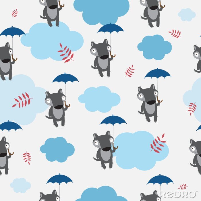 Tapete Wölfe mit Regenschirmen und Wolken für Kinder