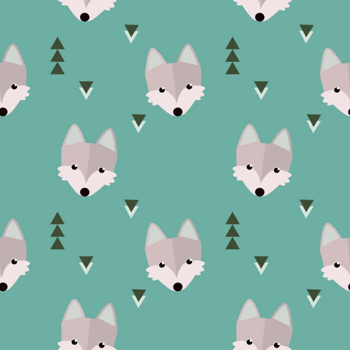 Tapete Wölfe und Weihnachtsbäume für Kinder im skandinavischen Stil