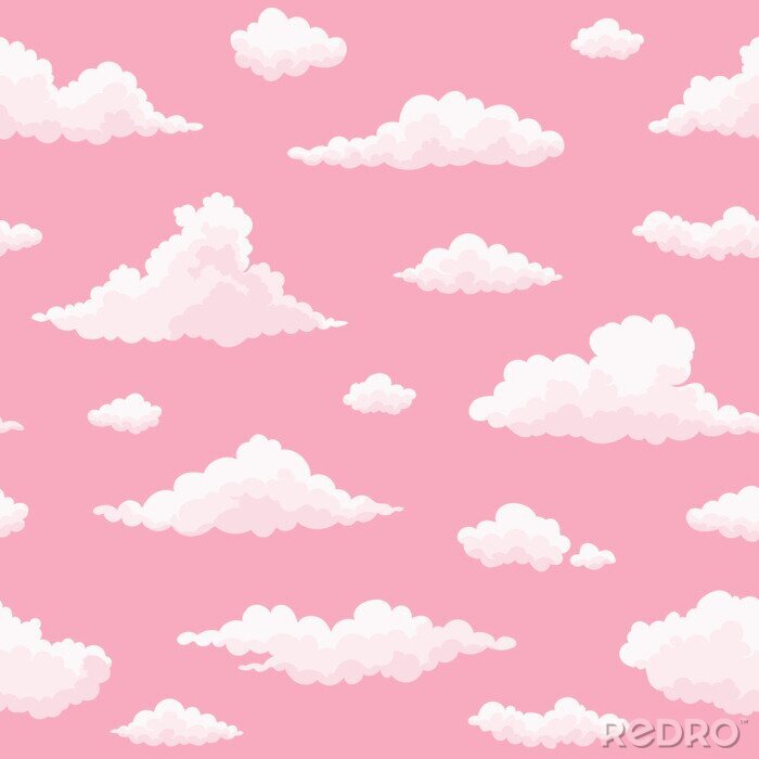 Tapete Wolke Vektor nahtlose Muster. Weiß, rosa Wolken auf rosa Sonnenuntergang Himmel. Druck wiederholen