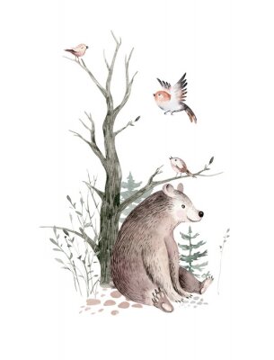 Sticker Woodland watercolor cute animals baby bear. Scandinavian bear orest nursery poster design. Isolated charecter