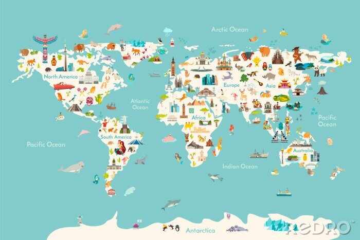 Tapete World map vector illustration. Landmarks, sight and animals hand draw icon. World vector poster for children, cute illustrated. Travel concept card