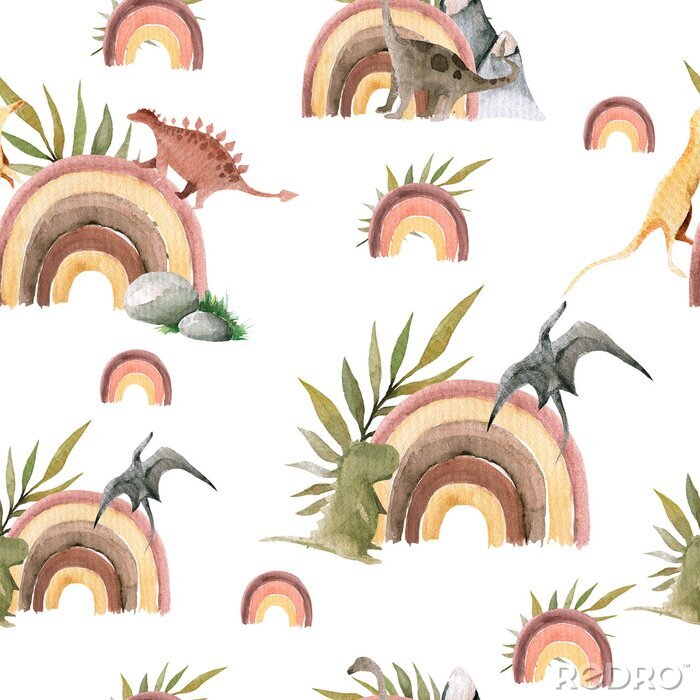 Tapete Hand drawing watercolor сhildren's pattern of cute dino and tropical leaves of palm. Funny dinosaur perfect for posters, children's fabric, prints.  illustration isolated on white