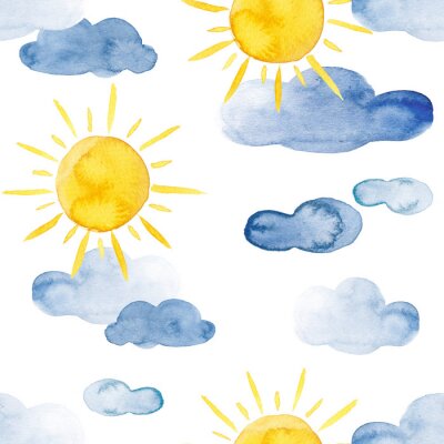 Tapete Yellow sun and blue clouds watercolor weather pattern set