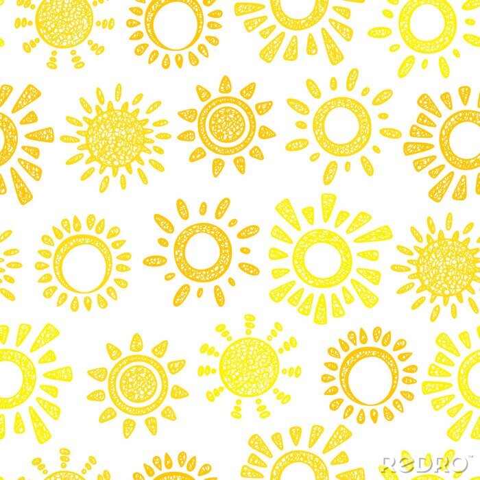 Tapete Yellow Sun Vector Seamless pattern. Hand drawn doodle Different Suns. Background for kids.