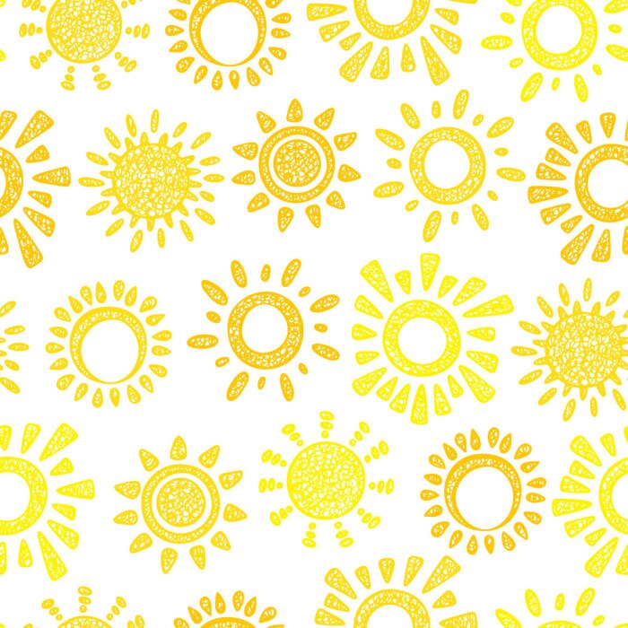 Tapete Yellow Sun Vector Seamless pattern. Hand drawn doodle Different Suns. Background for kids.