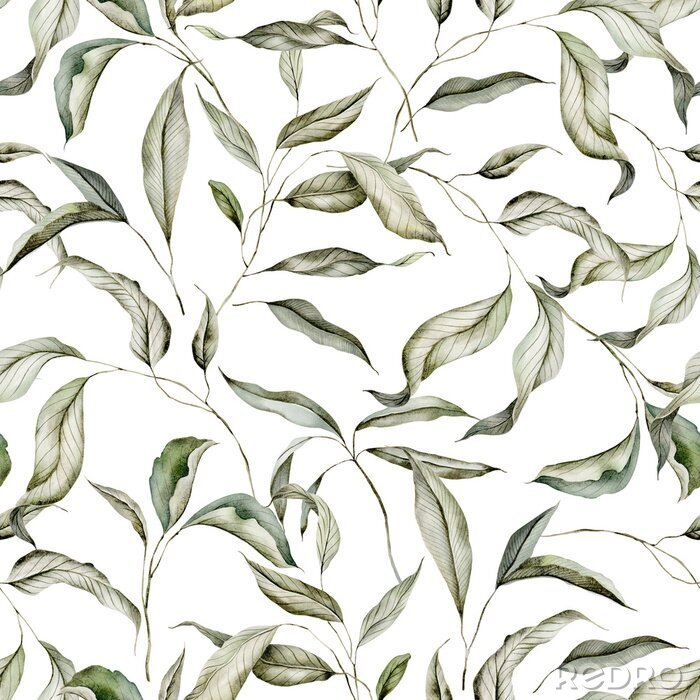 Tapete Zarte Aquarell-Blätter auf weißem Hintergrund