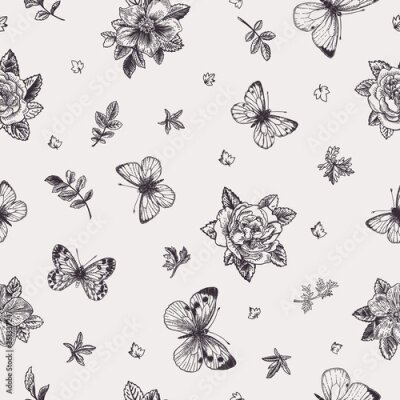 Tapete Zartes Motiv mit Blumen und Schmetterlingen