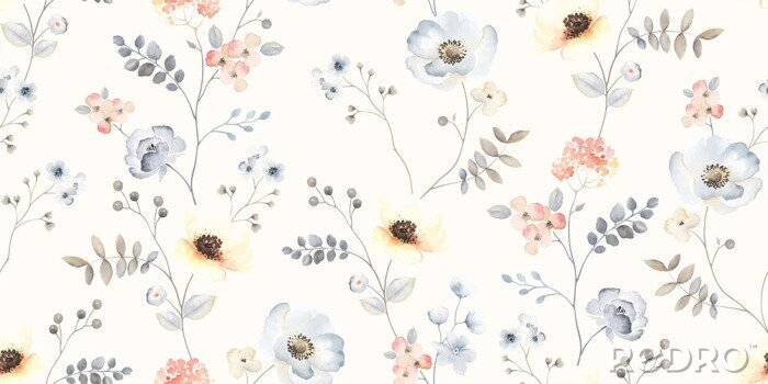 Tapete Zartes Muster mit blauen Blumen und Blaubeeren