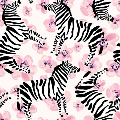 Tapete Zebras auf dem rosa Blumenhintergrund. Vector nahtlose Muster mit gestreiften Safari-Tier.