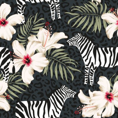 Tapete Zebras Leopardentupfen und tropische Pflanzen