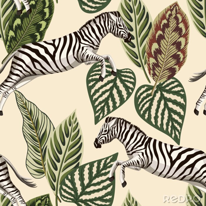 Tapete Zebras und Pflanzen im Vintage-Stil