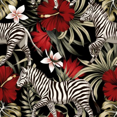 Tapete Zebras und rote Hibiskusblüten