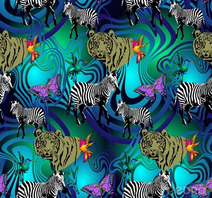 Tapete Zebras und Tiger auf abstraktem Hintergrund mit Schmetterlingen