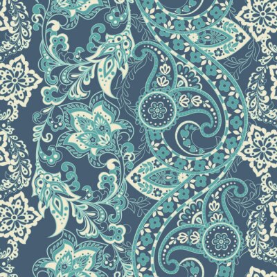 Tapete Zierblumen und Blätter in Blautönen