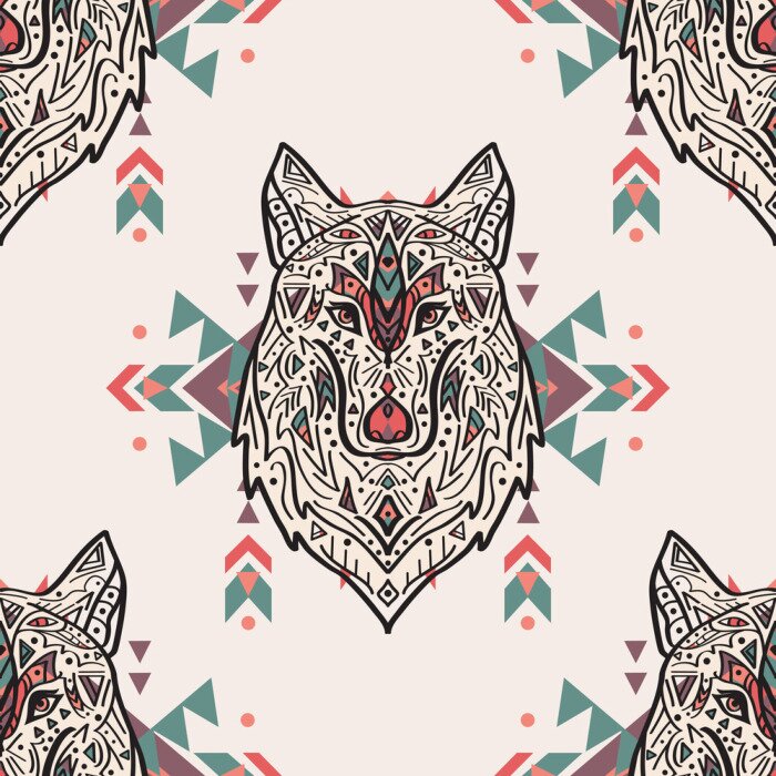 Tapete Zierwölfe mit bunten Formen