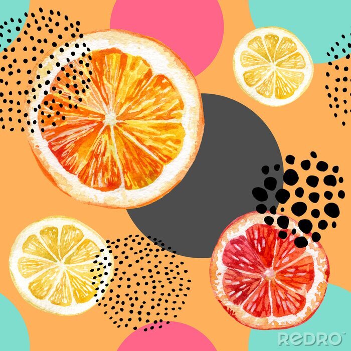 Tapete Zitronen- und Orangenscheiben auf farbigem Hintergrund mit Punkten