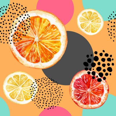 Tapete Zitronen- und Orangenscheiben auf farbigem Hintergrund mit Punkten